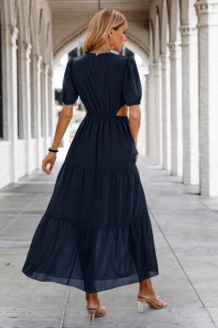 Cut out waist ruffle hem puff sleeves fit dress - image 13