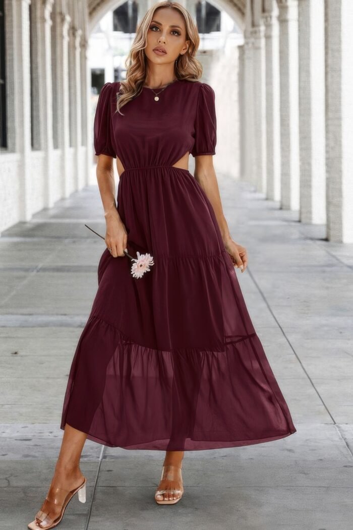 Cut out waist ruffle hem puff sleeves fit dress - image 14