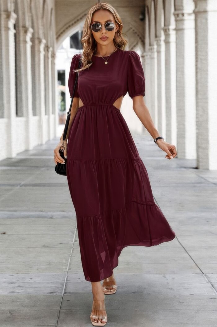 Cut out waist ruffle hem puff sleeves fit dress - image 15