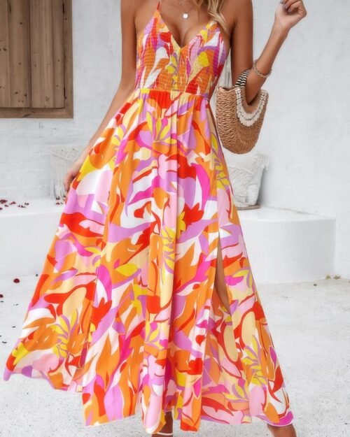 floral boho tie sleeveless high waist maxi dress