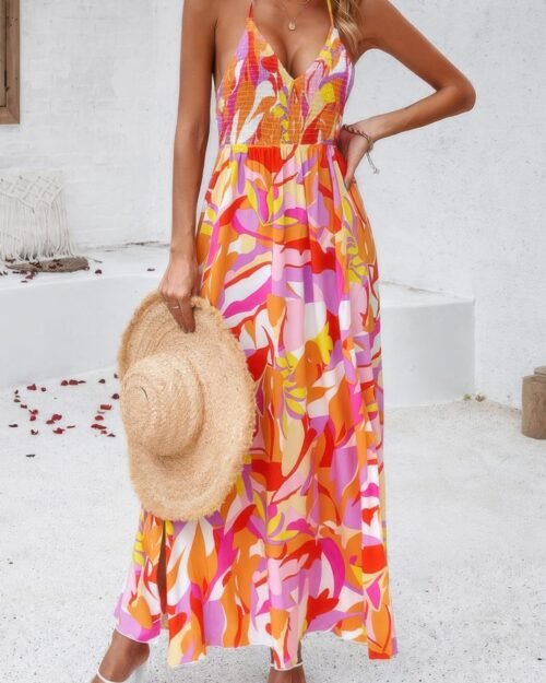 floral boho tie sleeveless high waist maxi dress