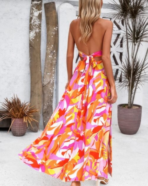 floral boho tie sleeveless high waist maxi dress