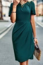 Ruched Color Block Solid Wrap Round Neck Dress