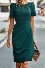 Ruched Color Block Solid Wrap Round Neck Dress