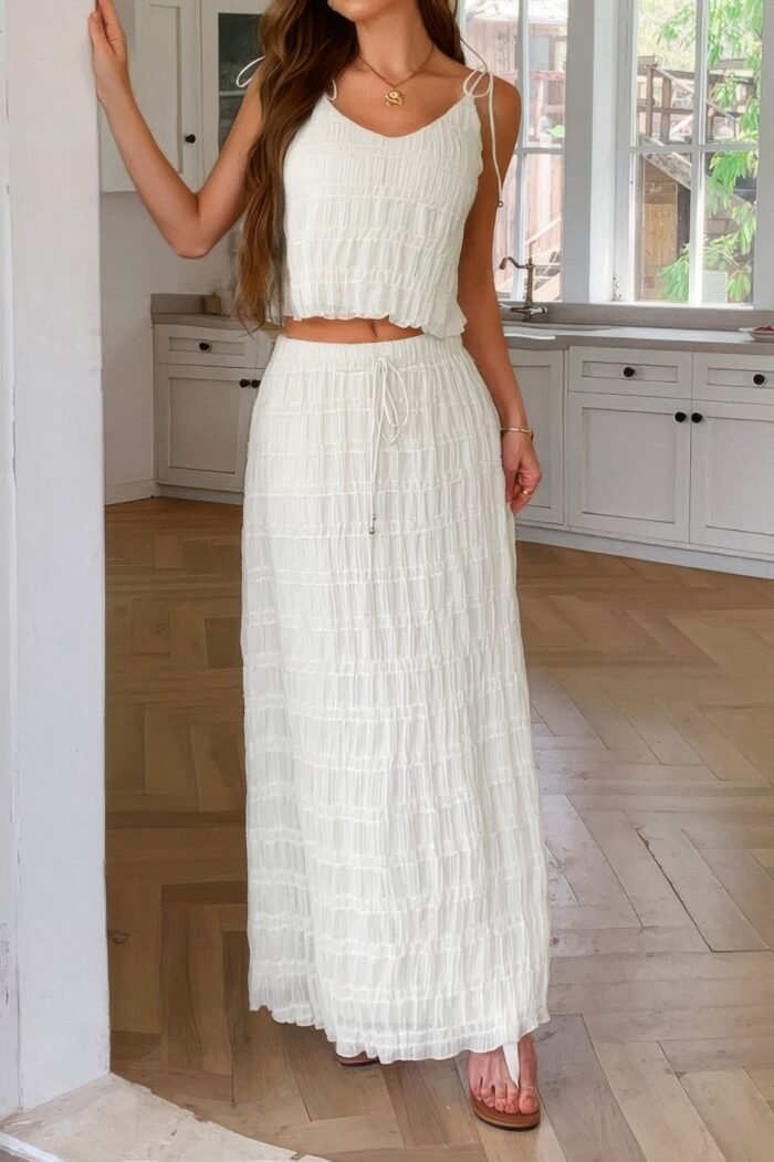 Solid two piece strappy maxi skirt crop top set - image 1