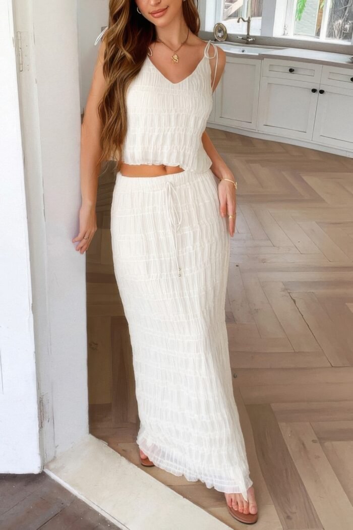 Solid two piece strappy maxi skirt crop top set - image 2