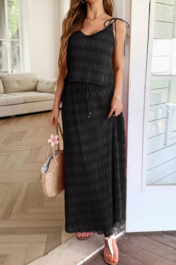 Solid two piece strappy maxi skirt crop top set - image 8