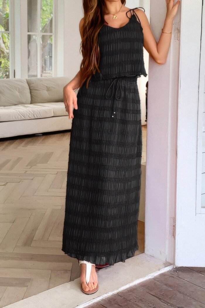 Solid two piece strappy maxi skirt crop top set - image 13