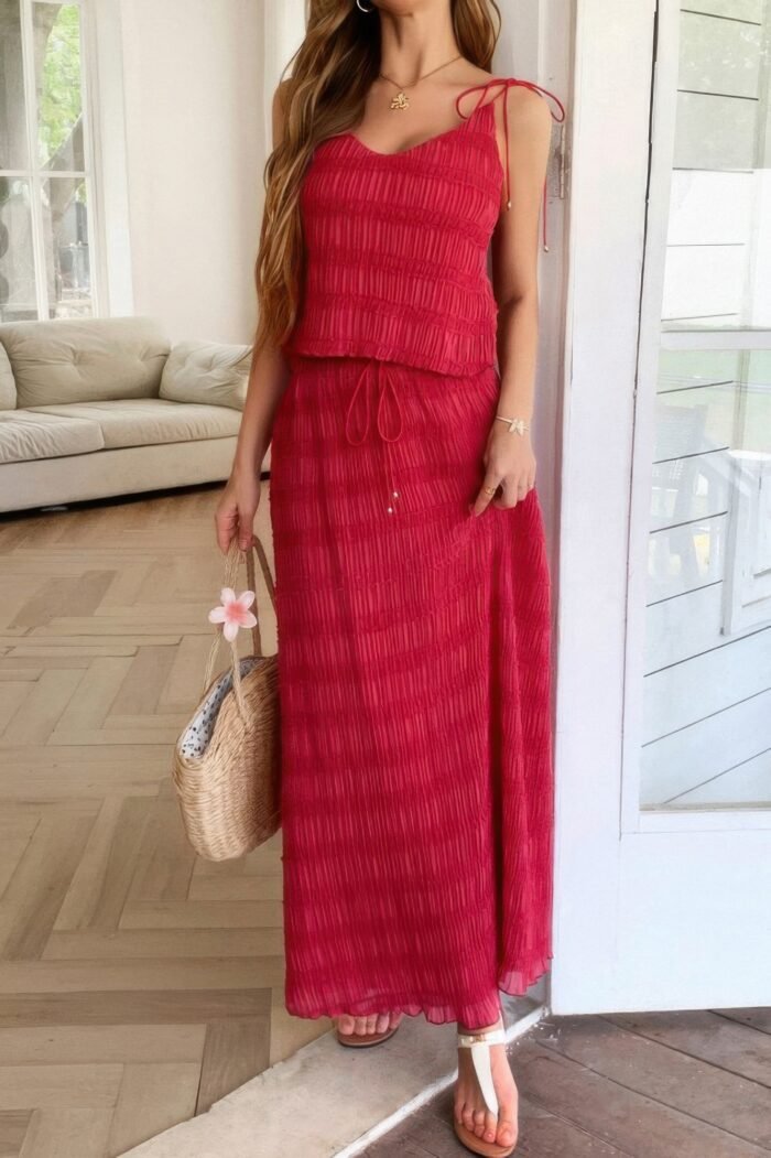 Solid two piece strappy maxi skirt crop top set - image 20