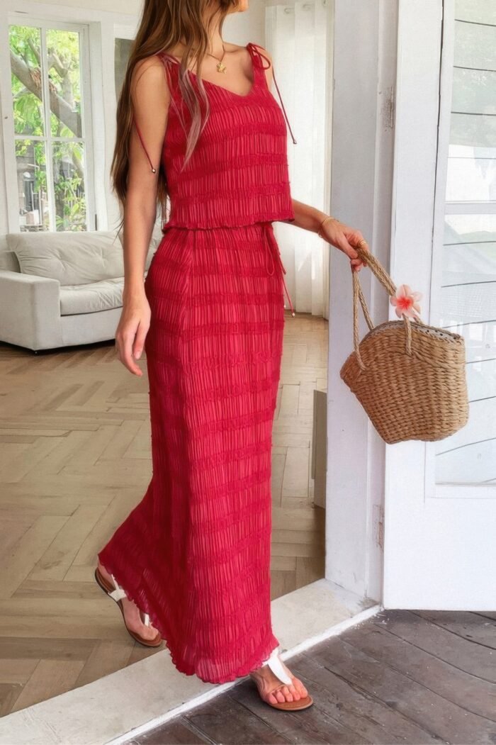 Solid two piece strappy maxi skirt crop top set - image 21