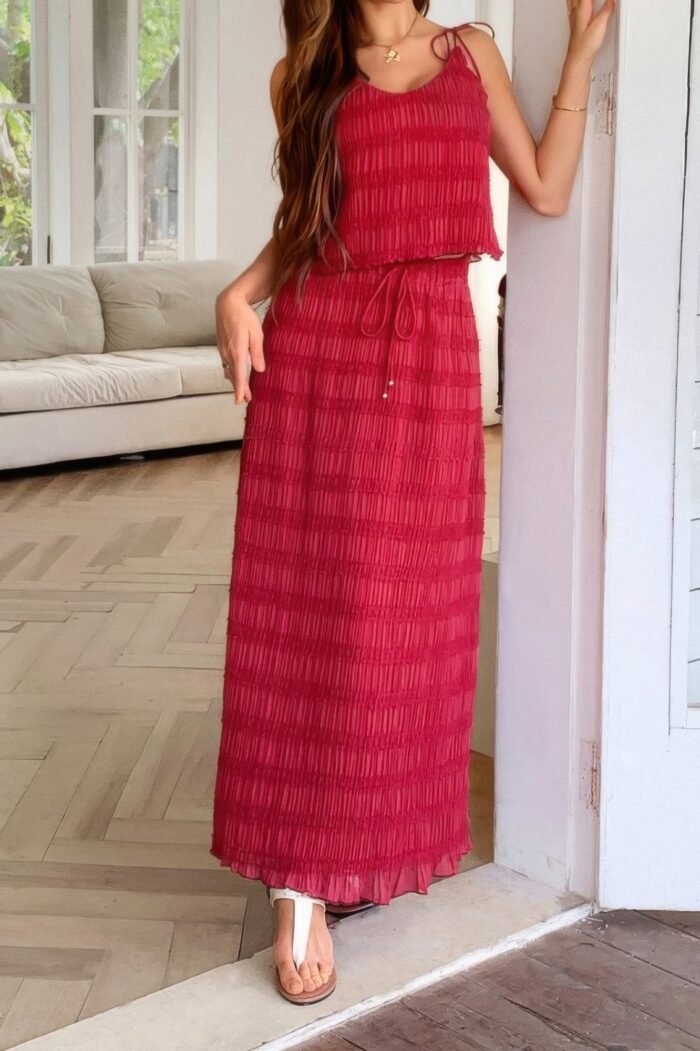 Solid two piece strappy maxi skirt crop top set - image 25