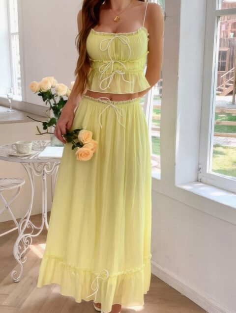 Frill Square Neck Cami Set – Two Piece Ruffle Hem Outfit