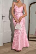 Solid Floral Jacquard Satin Prom Full Dress