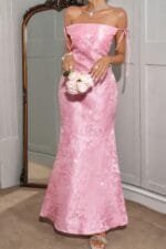 Solid Floral Jacquard Satin Prom Full Dress