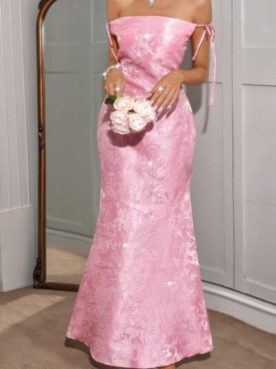 Solid Floral Jacquard Satin Prom Full Dress Solid Floral Jacquard Satin Prom Full Dress