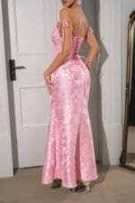 Solid Floral Jacquard Satin Prom Full Dress
