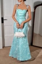 Solid Floral Jacquard Satin Prom Full Dress