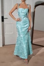 Solid Floral Jacquard Satin Prom Full Dress