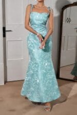 Solid Floral Jacquard Satin Prom Full Dress