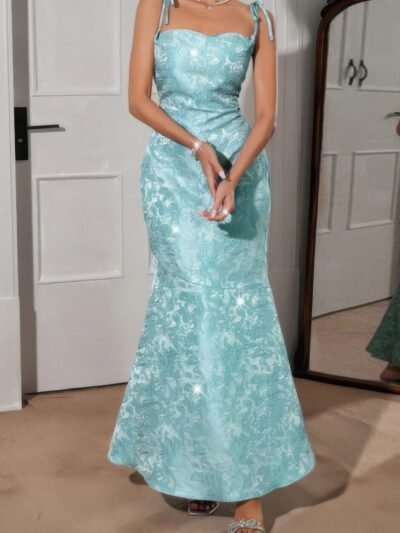 Solid Floral Jacquard Satin Prom Full Dress Solid Floral Jacquard Satin Prom Full Dress