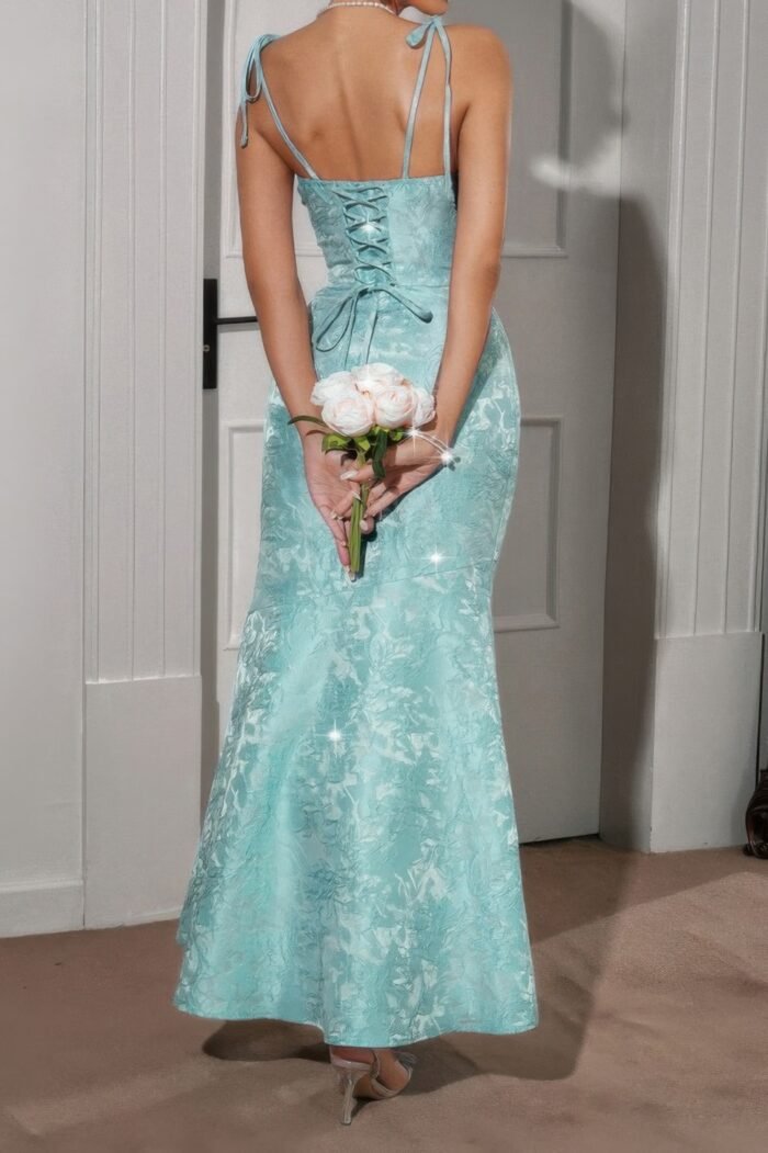 Solid floral jacquard satin prom full dress - image 8