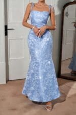 Solid Floral Jacquard Satin Prom Full Dress