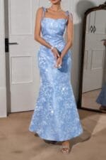 Solid Floral Jacquard Satin Prom Full Dress