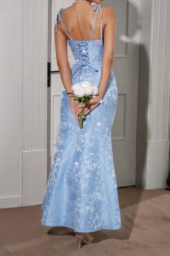 Solid Floral Jacquard Satin Prom Full Dress