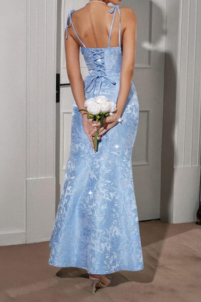 Solid floral jacquard satin prom full dress - image 13