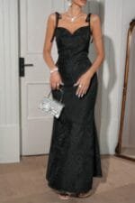 Solid Floral Jacquard Satin Prom Full Dress