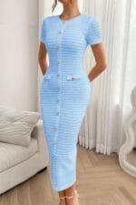 Solid Buckle Design Zipper Split Short Sleeve Dress