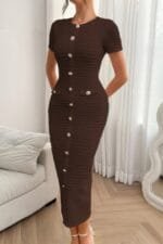 Solid Buckle Design Zipper Split Short Sleeve Dress