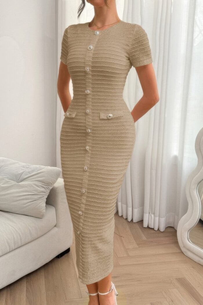 Solid buckle design zipper split short sleeve dress - image 4