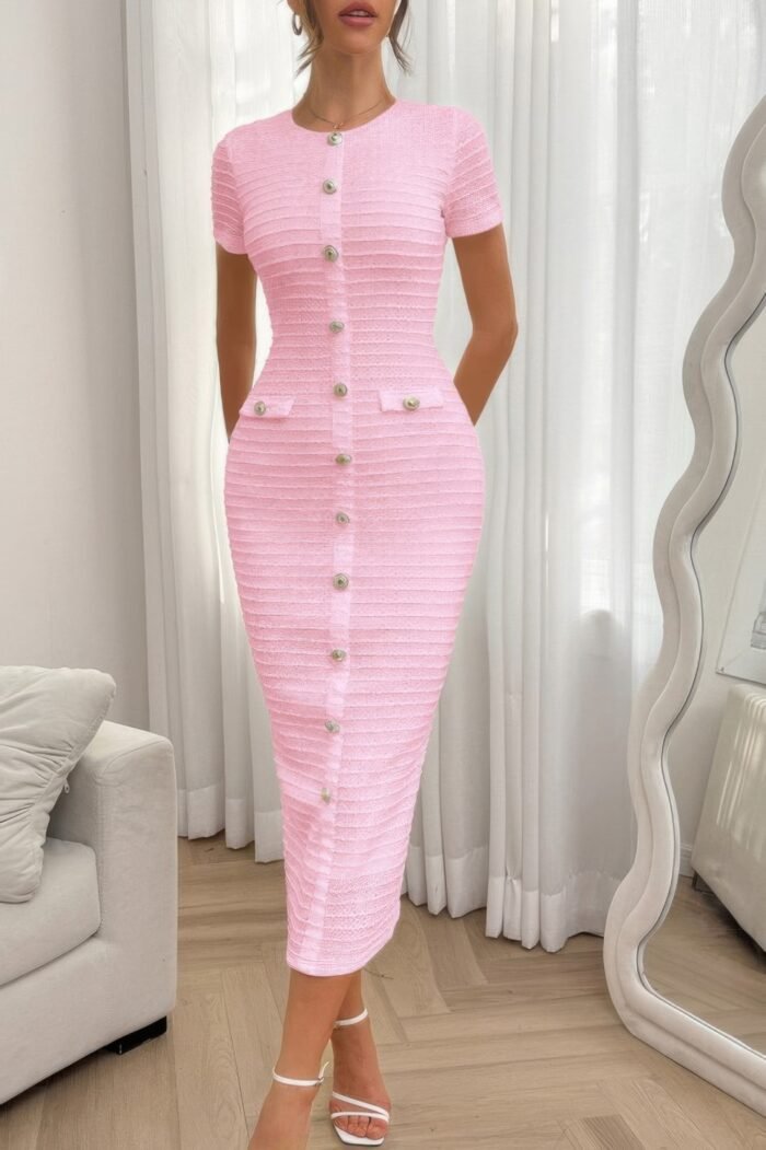Solid buckle design zipper split short sleeve dress - image 6