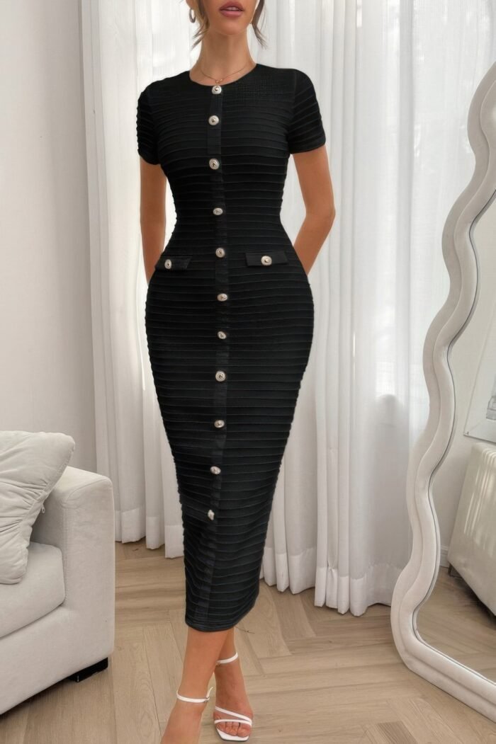 Solid buckle design zipper split short sleeve dress - image 11
