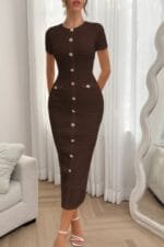 Solid Buckle Design Zipper Split Short Sleeve Dress