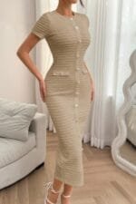 Solid Buckle Design Zipper Split Short Sleeve Dress