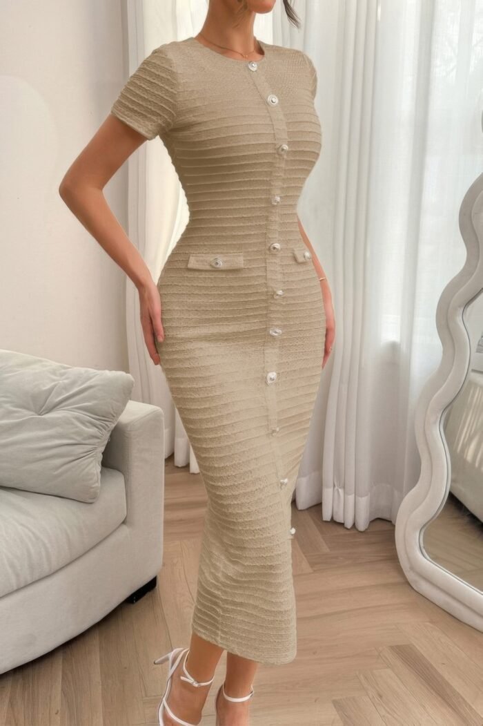 Solid buckle design zipper split short sleeve dress - image 16