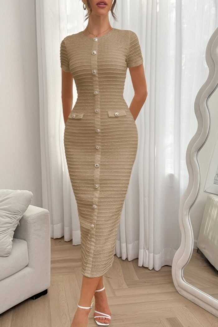 Solid buckle design zipper split short sleeve dress - image 17