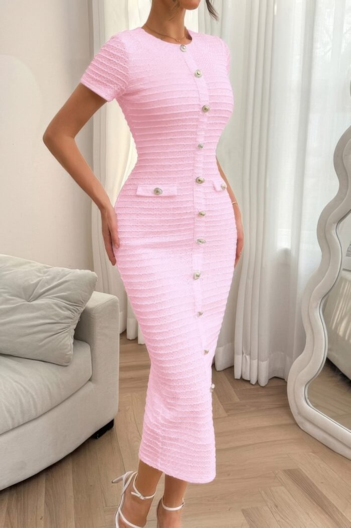 Solid buckle design zipper split short sleeve dress - image 21