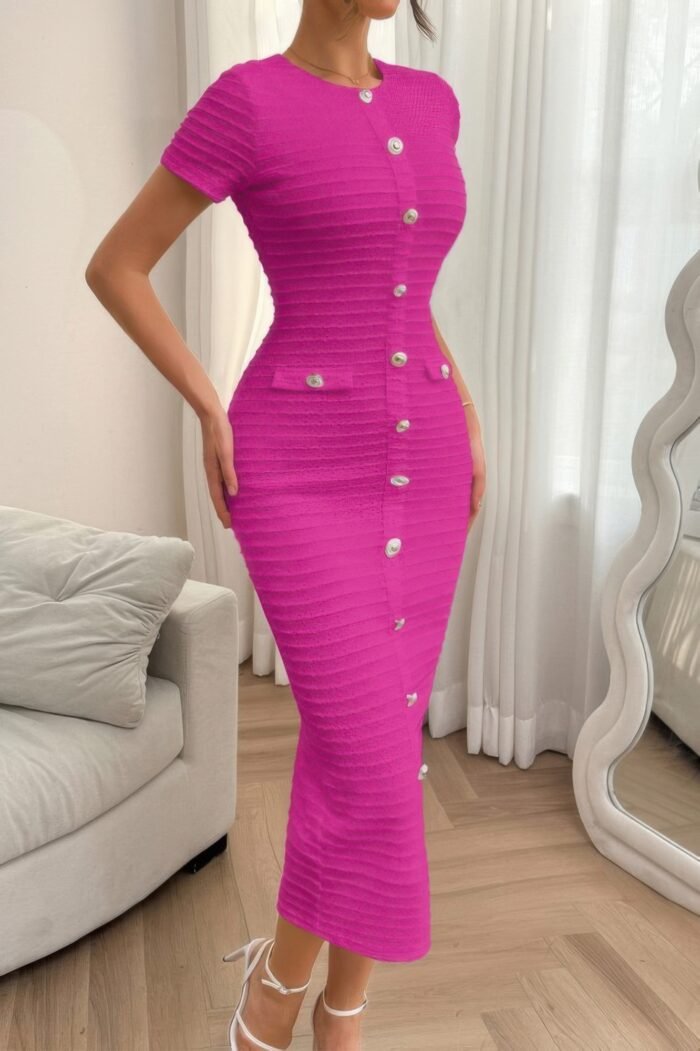 Solid buckle design zipper split short sleeve dress - image 22