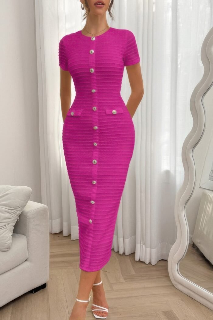 Solid buckle design zipper split short sleeve dress - image 23