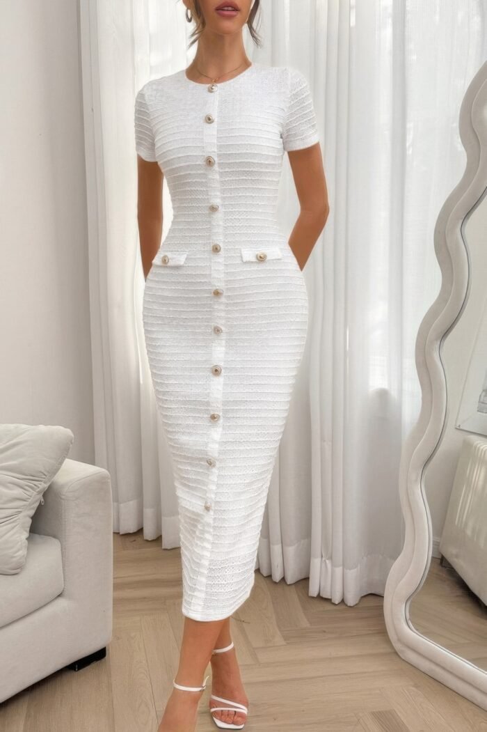 Solid buckle design zipper split short sleeve dress - image 25