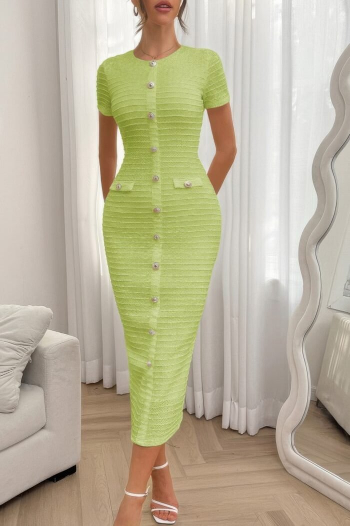 Solid buckle design zipper split short sleeve dress - image 27