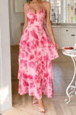 Straps Floral Print V Neck Patchwork Full Dress