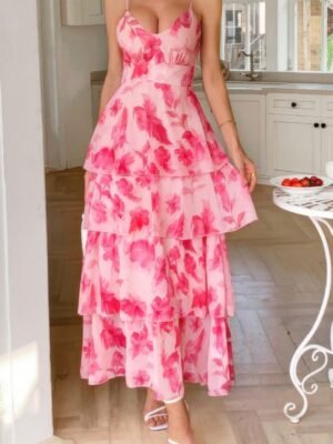Straps Floral Print V Neck Patchwork Full Dress