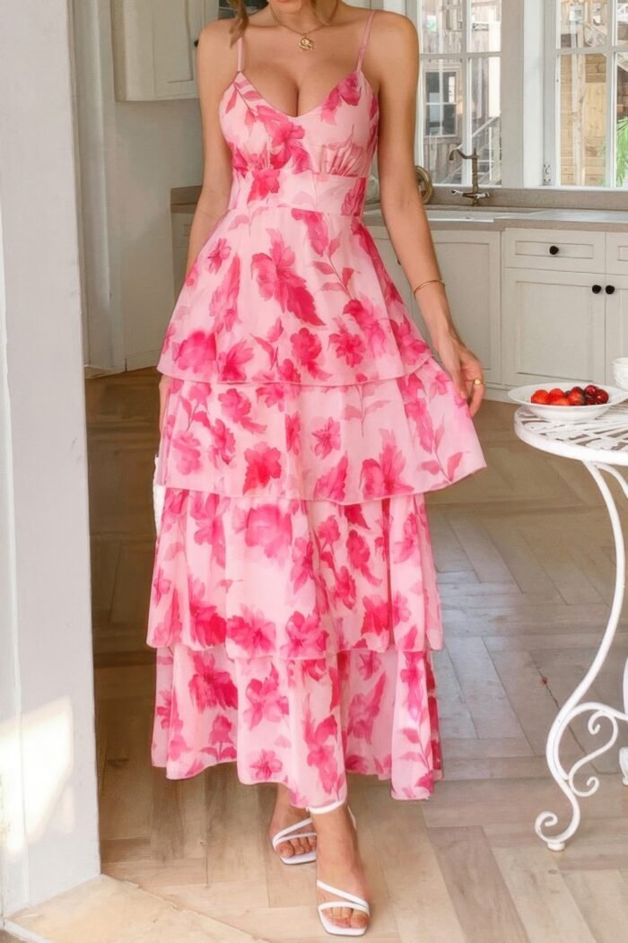 Straps floral print v neck patchwork full dress - image 1