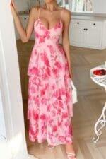 Straps Floral Print V Neck Patchwork Full Dress