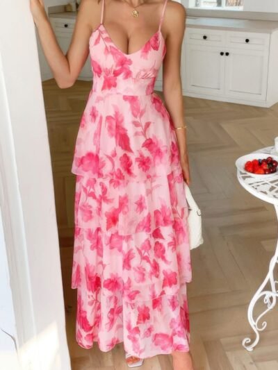 Straps Floral Print V Neck Patchwork Full Dress Straps Floral Print V Neck Patchwork Full Dress