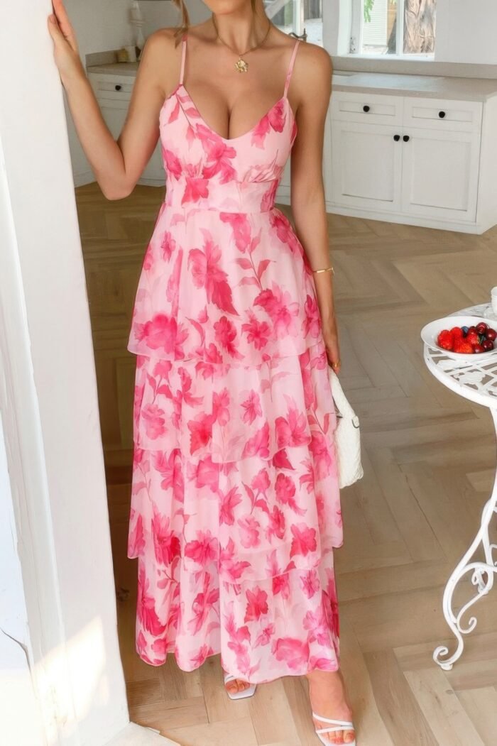 Straps floral print v neck patchwork full dress - image 2